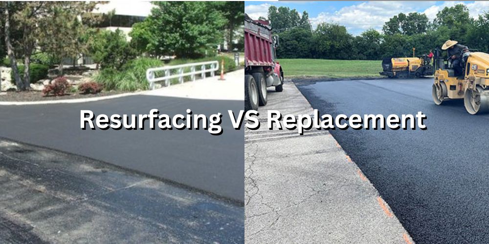 Asphalt resurfacing vs replacement versus photo showing the difference between the two.