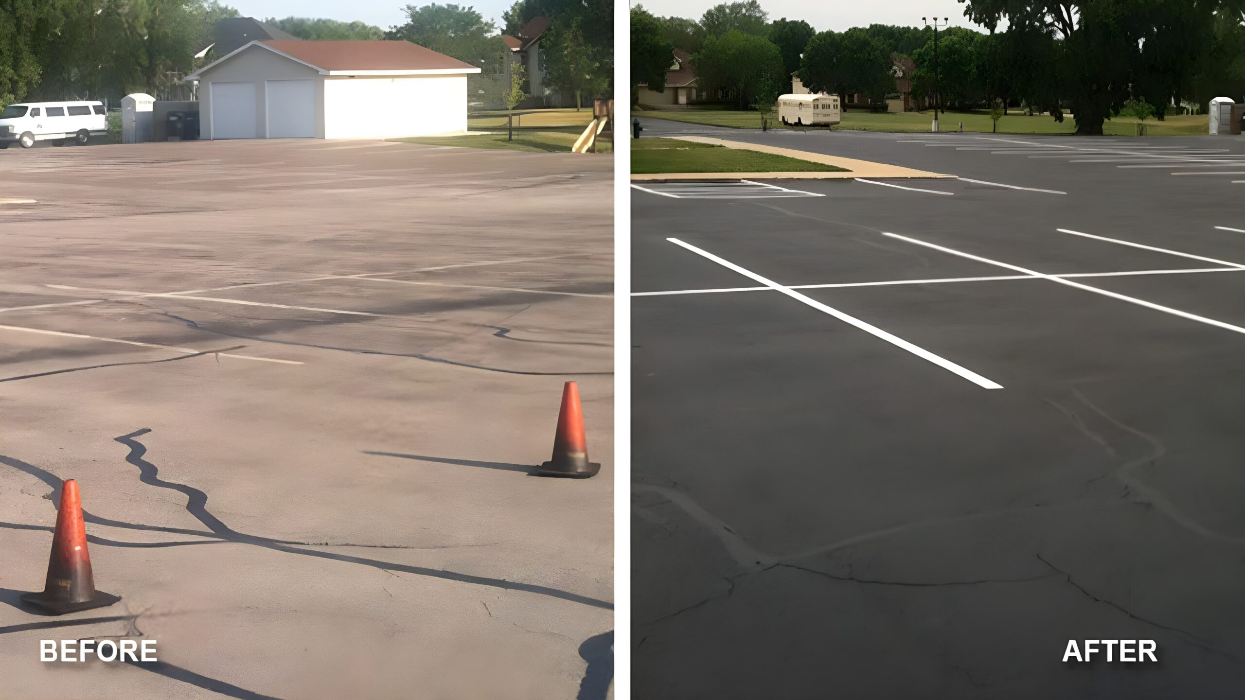 A before and after picture of a blacktop sealcoating project completed by driveway sealing companies near me